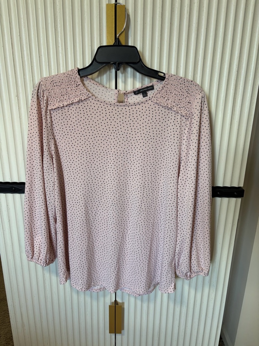Adrianna Papell Pale Pink Dot Long Sleeve Smocked Shoulder Blouse